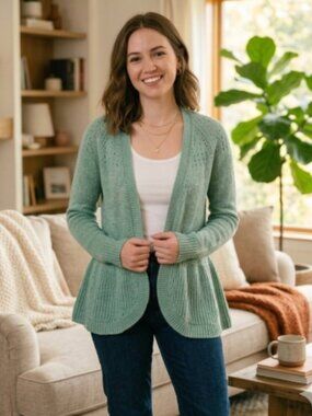 ELLE Mint Green Metallic Shimmer Open Front Cardigan Sweater Size S